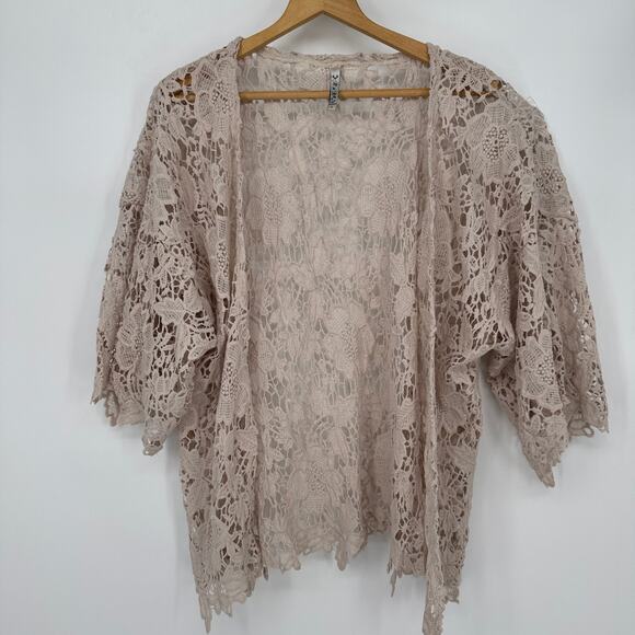 RnB Beige Floral Crochet Women's L Lace Open Front Cardigan Lace Kimono - Picture 1 of 7
